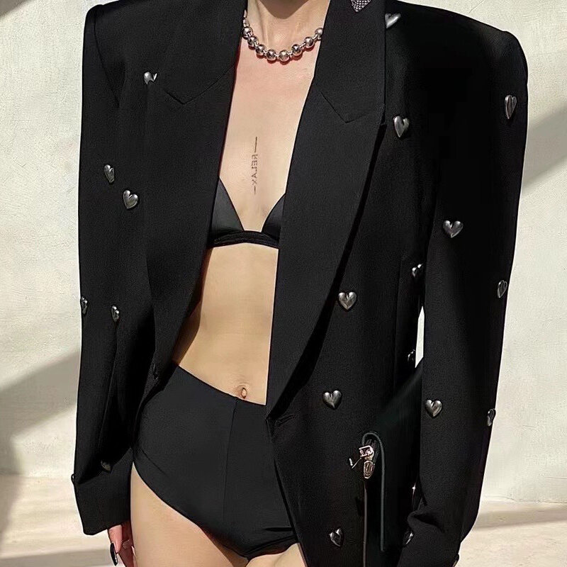Black suit jacket 2024 spring new heavy industry three-dimensional heart studded black suit