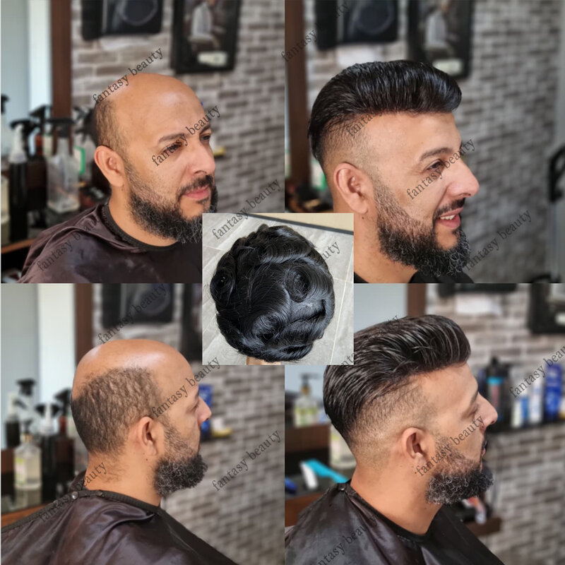 男性用ナチュラルヘアトーピー,100% 人間の髪の毛のかつら,ヘアピース,ブラジリアンスキン,超耐久性,薄い,フルpu,プロミス