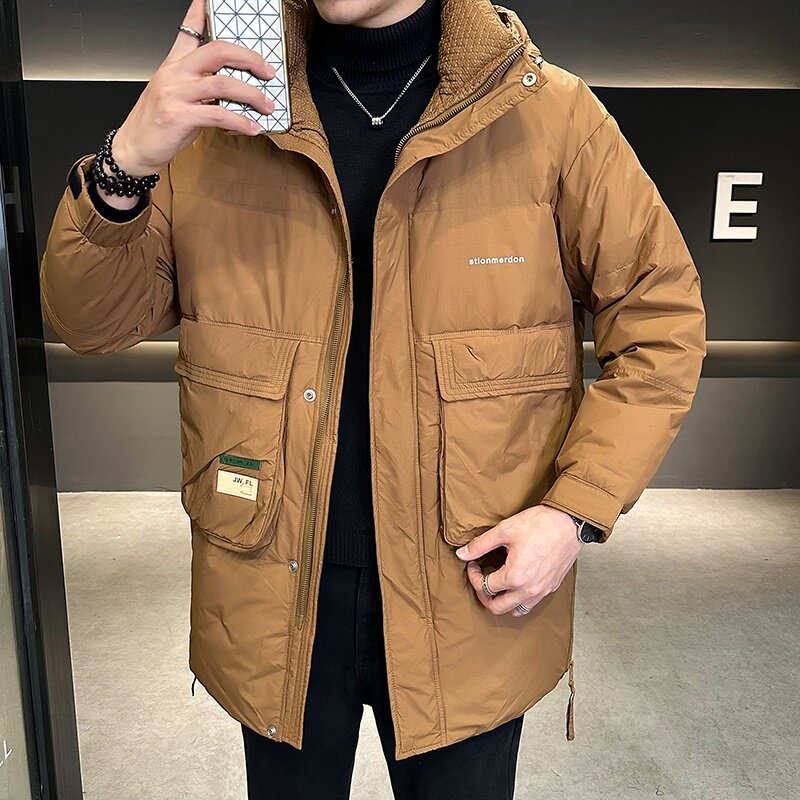 New 2023 Winter Men's Mid-Length Hooded White Duck Down Jackets Solid Loose Warm Puffer Coat Outwear Windproof Thick Long Parkas