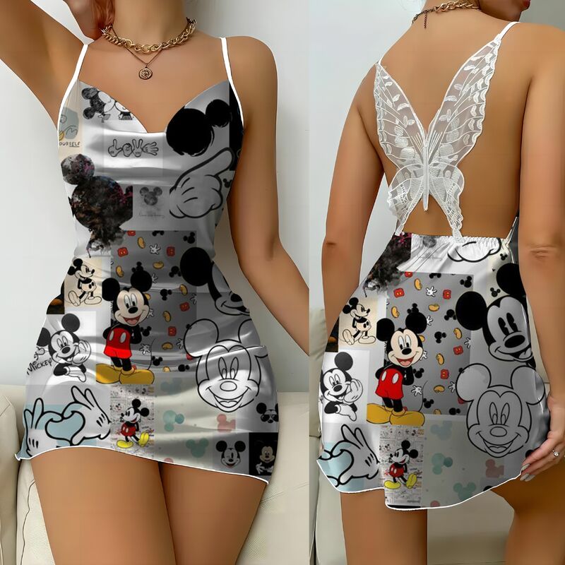 Gaun punggung terbuka gaun pesta simpul kupu-kupu rok piyama Disney permukaan Satin Mickey Mouse Wanita Mode Musim Panas 2024 Mini seksi