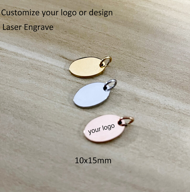 50pcs custom your logo or design Laser Engrave Logo Tag 10x15mm Engravable Oval Charm Stainless Steel Oval bead