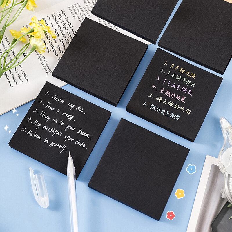 Notas adesivas minimalistas pretas, Message Note Paper, Solid Color Memo Notebook, Criativo, 50 Folhas