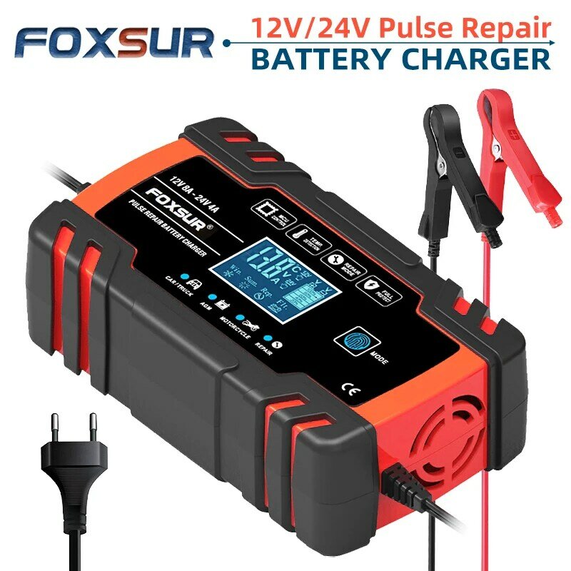 FOXSUR Smart Car Battery Charger for 12V 4A / 24V 8A Truck Motocycle RVs Boat AGM GEL Lead Acid Batteries with Pulse Repair LCD