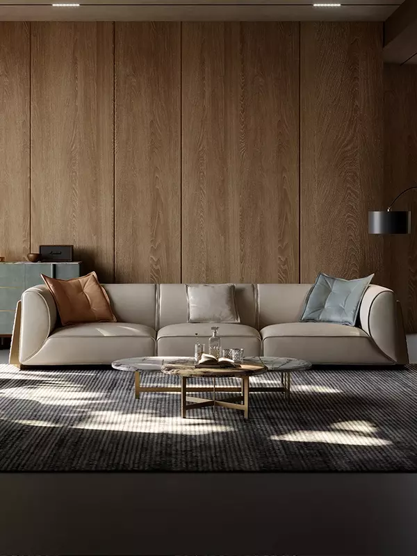 Sofá de fila recta de cuero minimalista italiano, diseñador ligero, Villa de lujo, apartamento grande y pequeño, tipo
