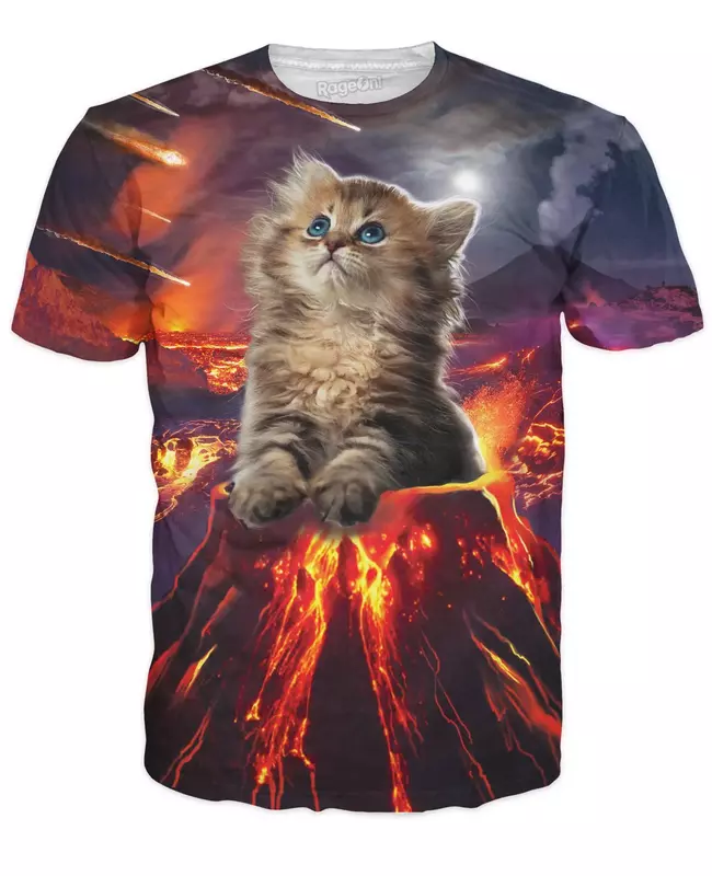 Kaus kerah O motif 3D untuk kucing, T-shirt kasual lengan pendek ukuran besar modis tren pakaian jalan pria dan wanita dapat dipakai