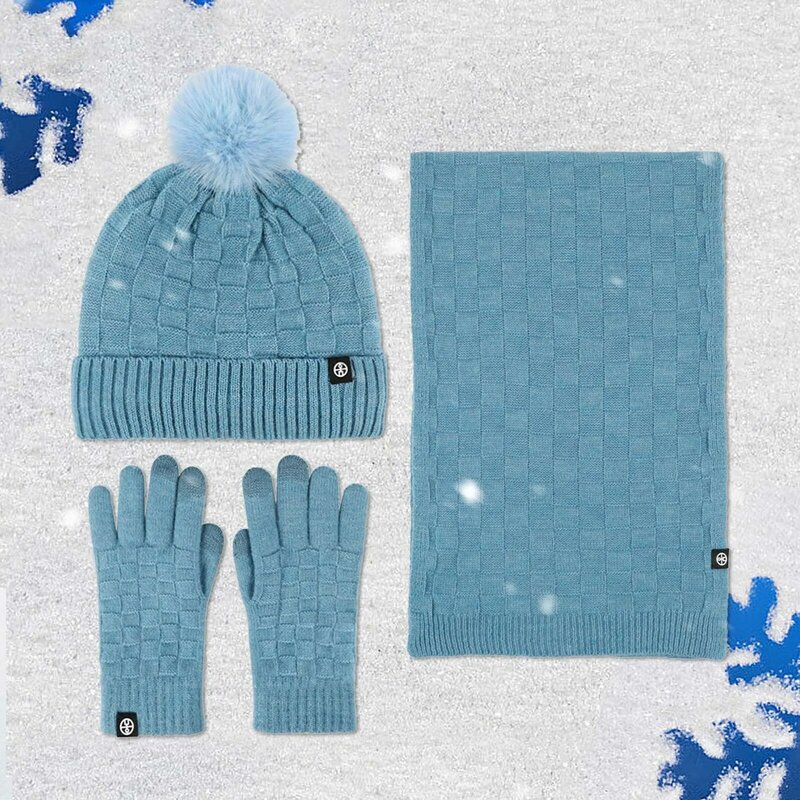 3pc coppie inverno all'aperto caldo cappello invernale sciarpa guanti tre pezzi Check Knit Pile cappello Set