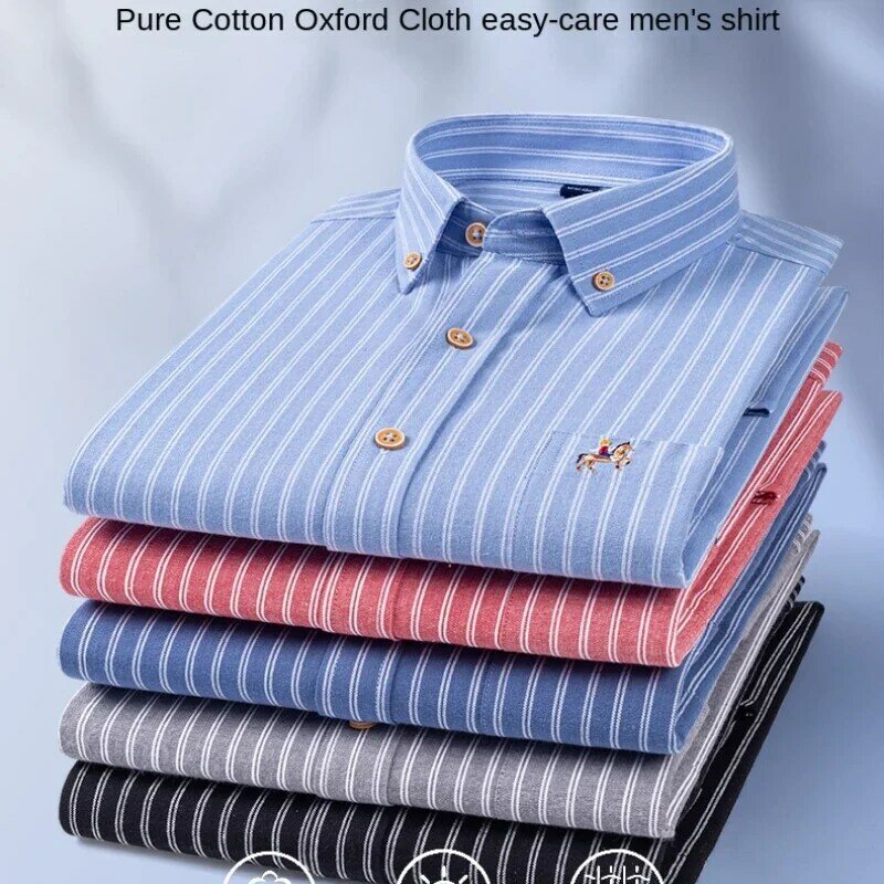 قميص أكسفورد بأكمام طويلة للرجال مع جيب ومطرز ، قمصان بأزرار مناسبة بشكل قياسي ، أزياء مخططة غير رسمية ، قطن