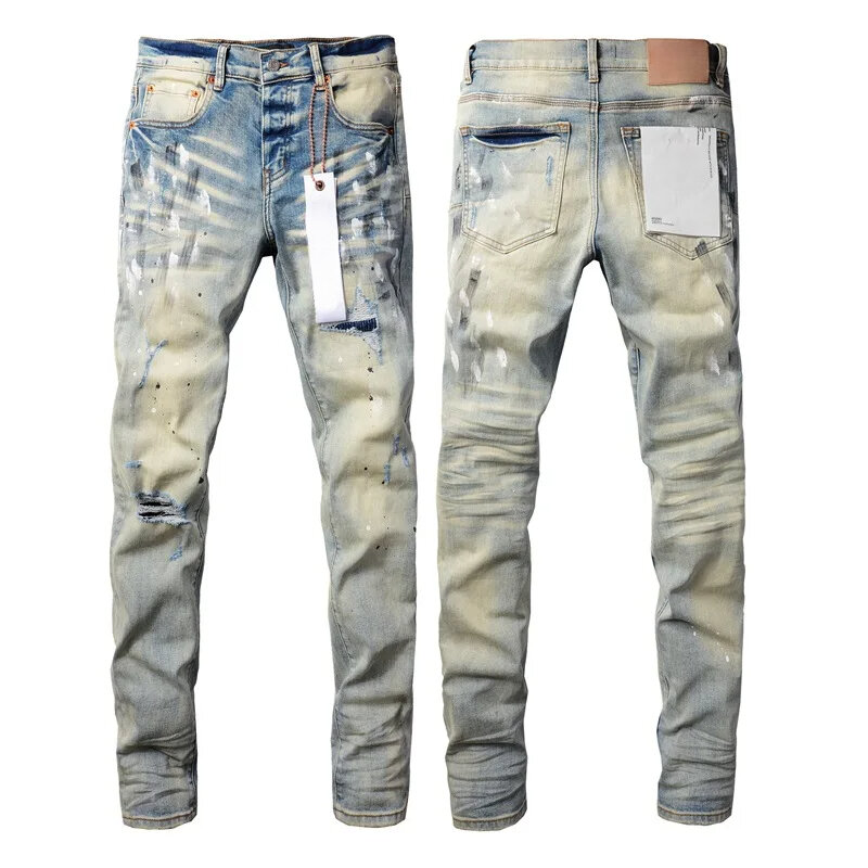 Jeans di marca viola, vernice high street, fori strappati, riparazioni invecchiate, pantaloni in denim skinny rialzati bassi