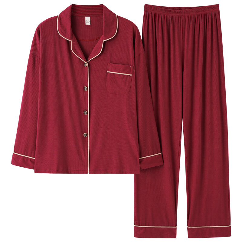 Женская Осенняя однотонная пижама с длинным рукавом, кардиган для влюбленных, домашняя одежда, большие размеры 3XL, Модальная Пижама для женщ...