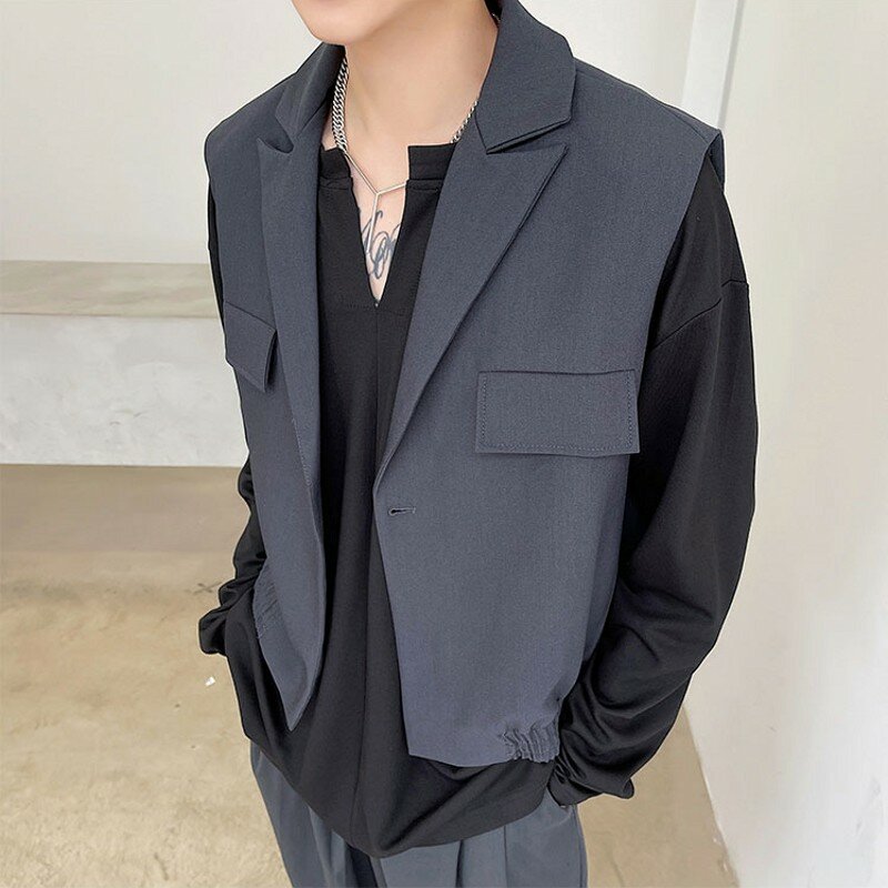 Fato de colete curto Kpop masculino, jaqueta sem mangas, botão único, regata, estilo coreano, colete extragrande, roupa Hip Hop, colarinho