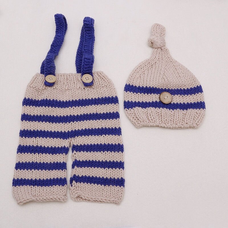 Baby Striped Knitted Hat and Jumpsuit Newborn Baby Boys Crochet Knit Costume Photography Prop Outfits Photo