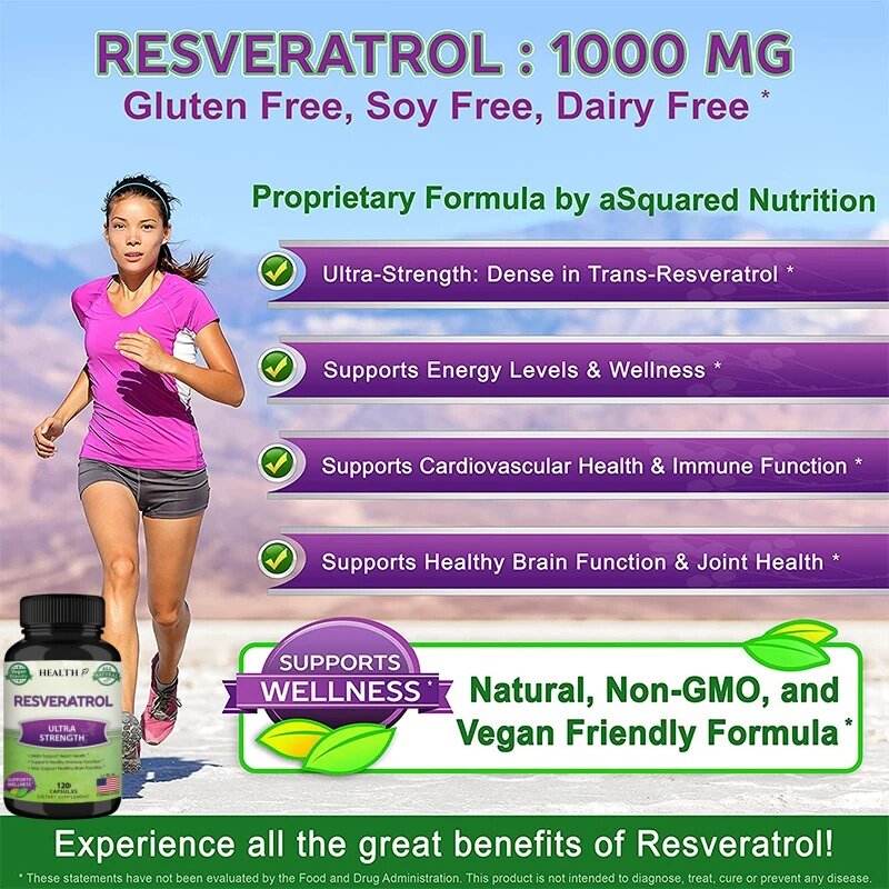 Penjualan terlaris Resveratrol 1000mg, 120 Capsules - Vegan, bebas Gluten, non-gmo