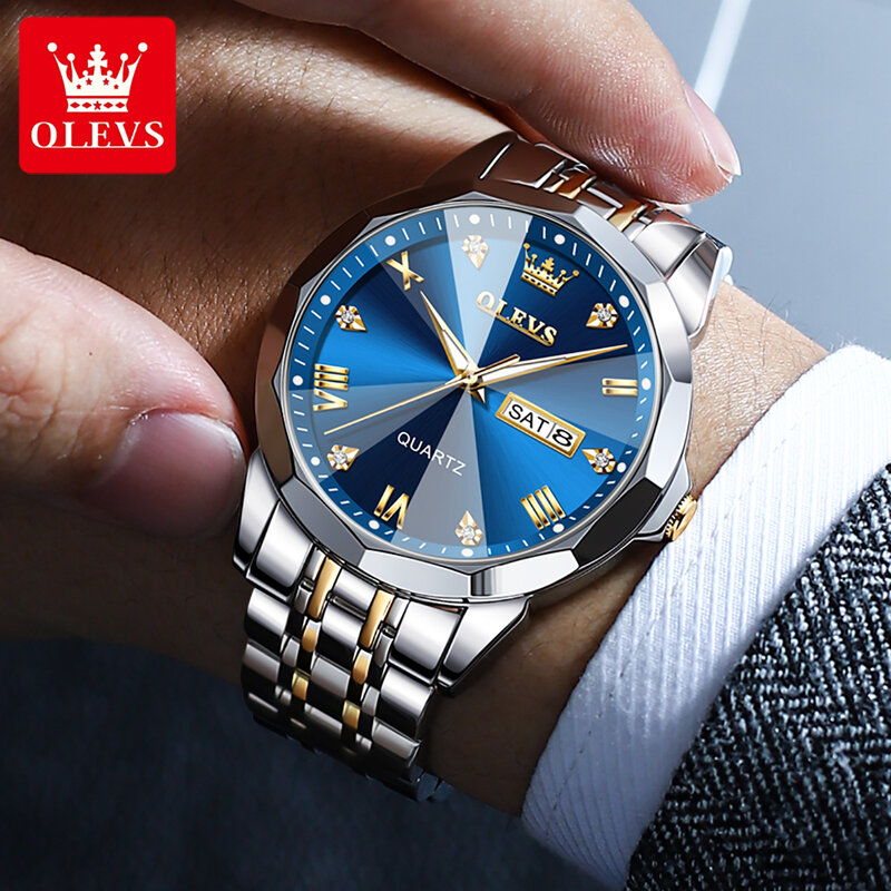 OLEVS-reloj analógico de acero inoxidable para hombre, accesorio de pulsera de cuarzo resistente al agua con espejo rombo, complemento masculino de marca de lujo con diseño Original y luminoso