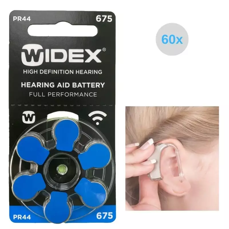 Коробка аккумуляторов для слухового аппарата Widex, размер 675, A675, 675A, синий, PR44, Цинковый воздух (60 аккумуляторных элементов)