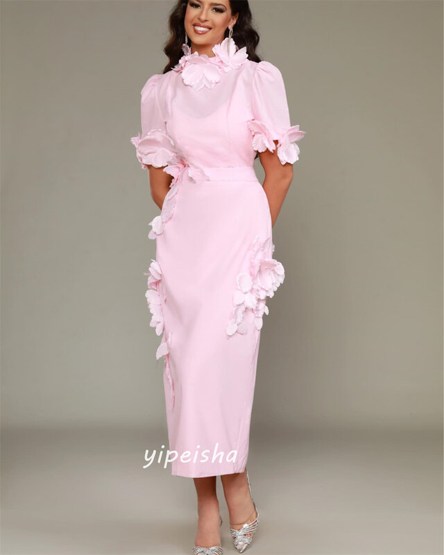 Yipeisha Classic Modern Style Formal Evening High collar A-line Flowers Satin Bespoke Occasion Dresses