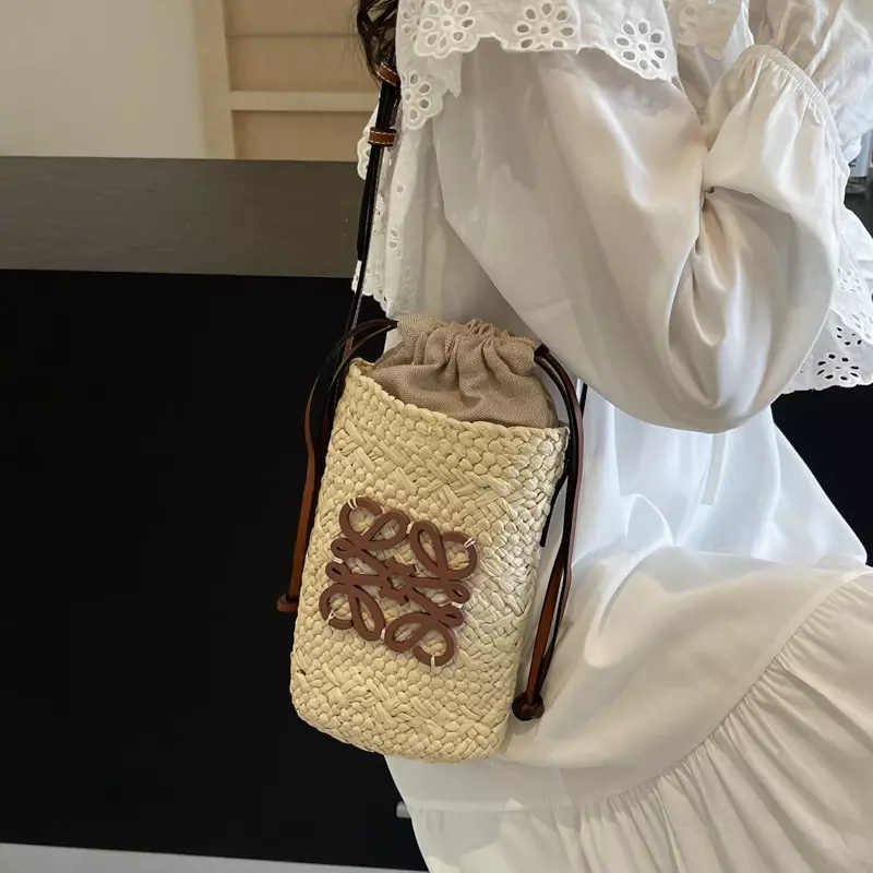 2024 für Frauen Stroh Rushwork Design Sommer Telefon Mini Tasche Feminina Handtasche Handtasche Handtaschen Strand Urlaub tragen Outdoor neu