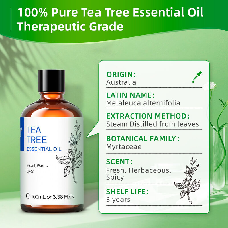 HIQILI-100 ml d'huile essentielle d'arbre à thé pour diffuseur / humidificateur / aromathérapie / bougie de massage huile aromatique / savon / soin des cheveux