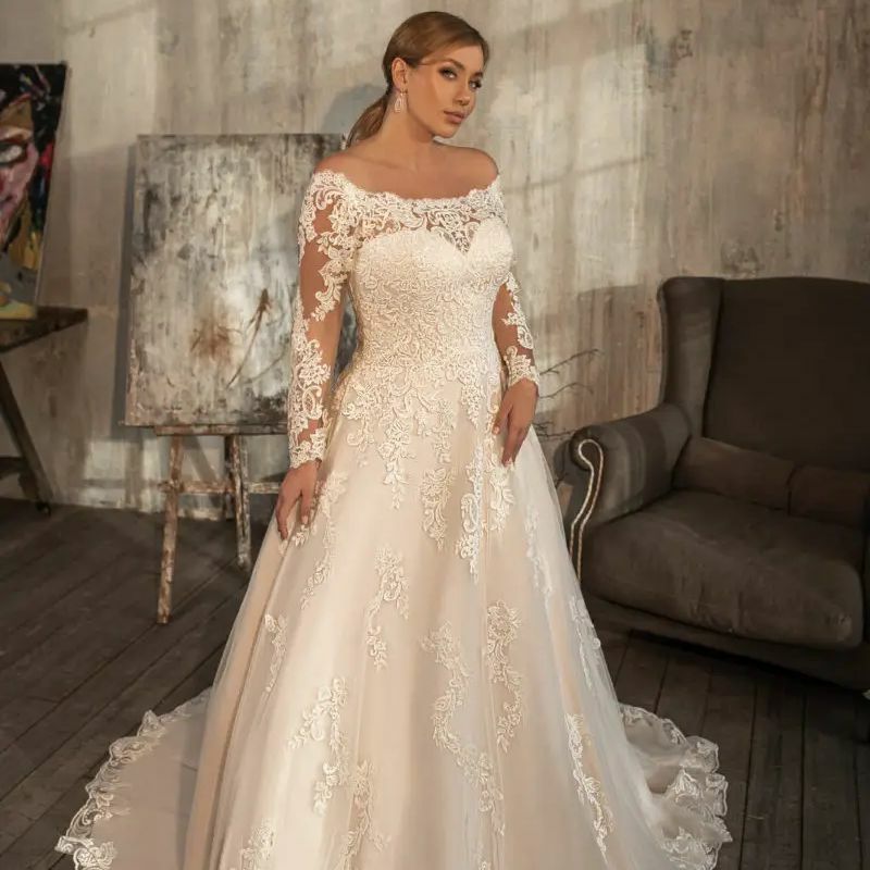 فستان زفاف بمقاس كبير مع مزخرف بالدانتيل ، رداء على شكل حرف A ، أكمام طويلة ، رقبة V ، أنيق ، مذهل ومذهل