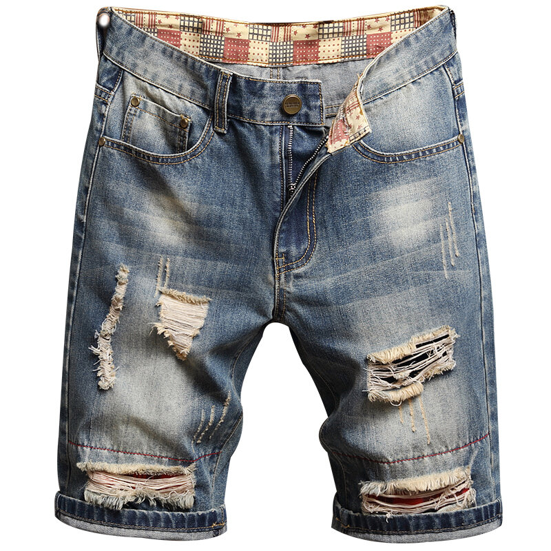 Short jeans rasgado masculino com furos, marca da moda, ajuste solto, tendência de tubo reto, lavado casual, cinco pontos, moda verão, 2024