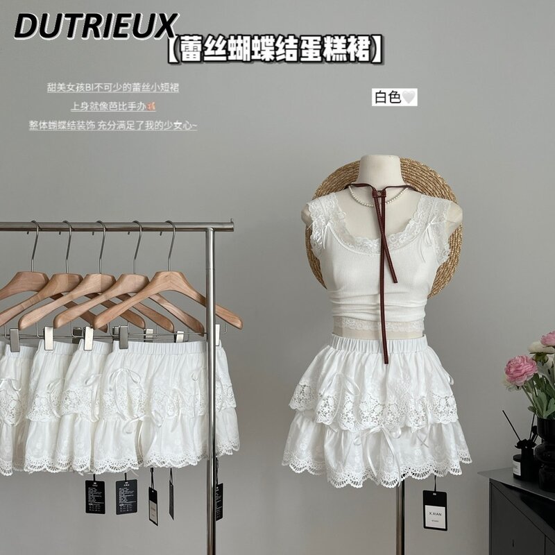 Милая Кружевная юбка во французском стиле для девушек, летняя белая пышная Женская темпераментная трапециевидная мини-юбка с завышенной талией