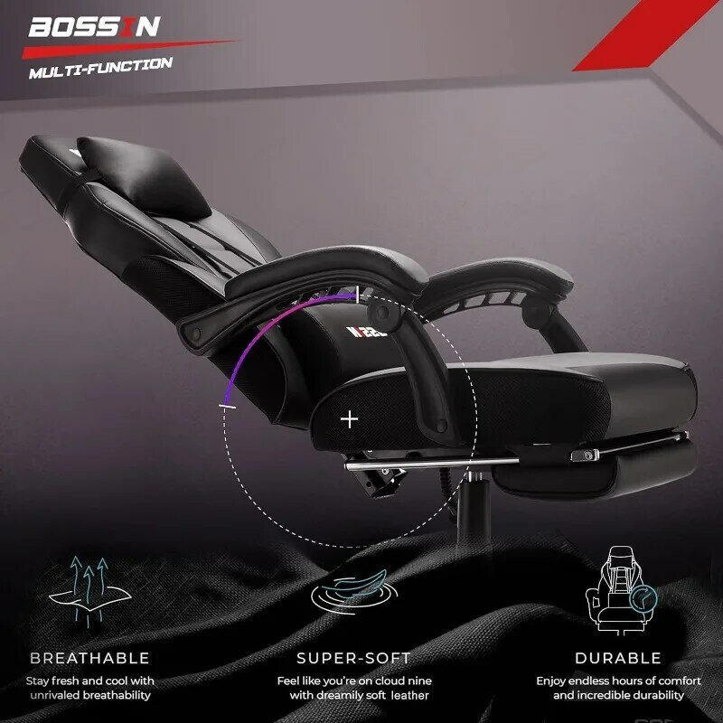Fotel gamingowy BOSSIN z masażem, ergonomiczna, wytrzymała konstrukcja z podnóżkiem i stabilizator lędźwiowy, duży rozmiar poduszki