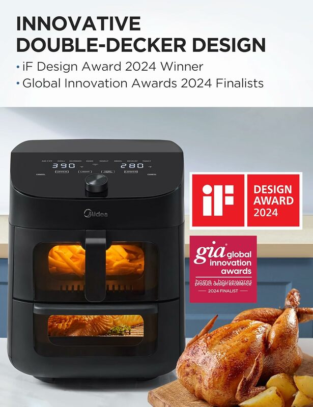 Midea Dual Basket Air Fryer Oven 11 Quart 8 in 1 Functions, Clear Window, Smart Sync Finish, Works with Alexa,Wi-Fi Connectivity