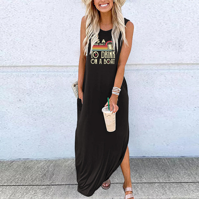 Summer large size loose casual sports vest dress beach skirt pocket long skirt IT'S A GOOD DAY TO DRINK drinking party dress