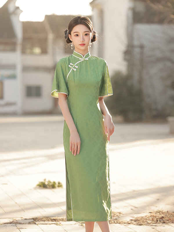 Fzslcyiyi-セクシーなサテンのジャカードドレス,緑,エレガント,半袖,中国のチャイナドレス,レトロスタイル,毎日のイブニングドレス
