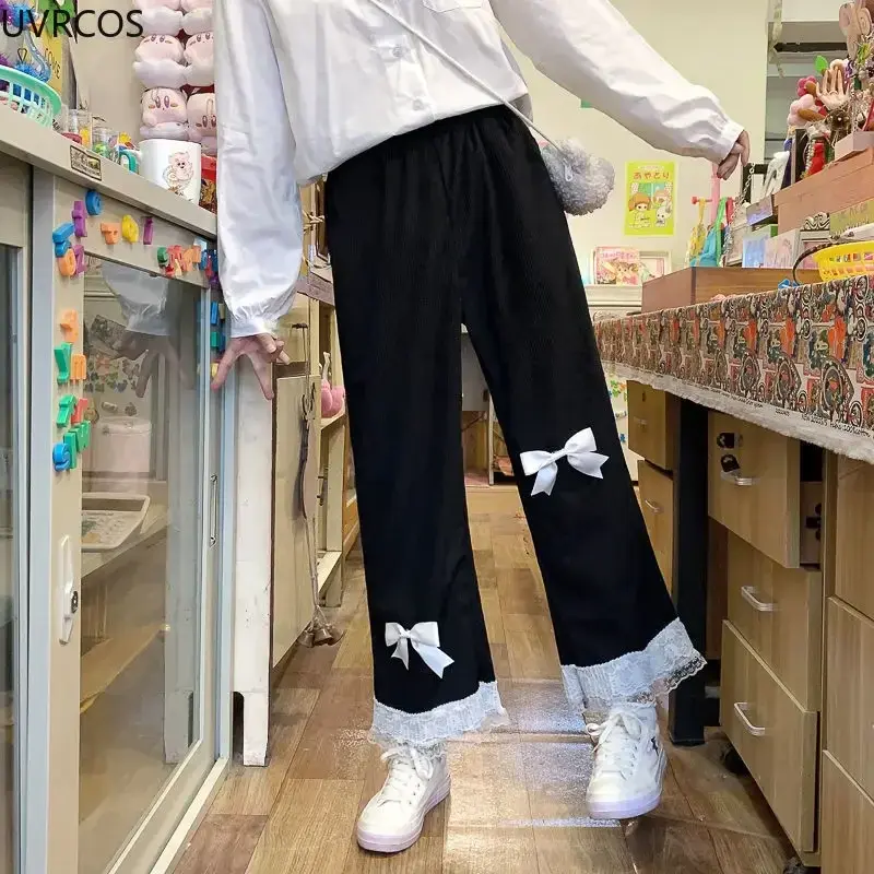 Pantaloni di velluto a coste a vita alta Kawaii da donna giapponesi Lolita pantaloni a gamba larga in pizzo con fiocco dolce nuovi vestiti Y2k pantaloni larghi casuali carini