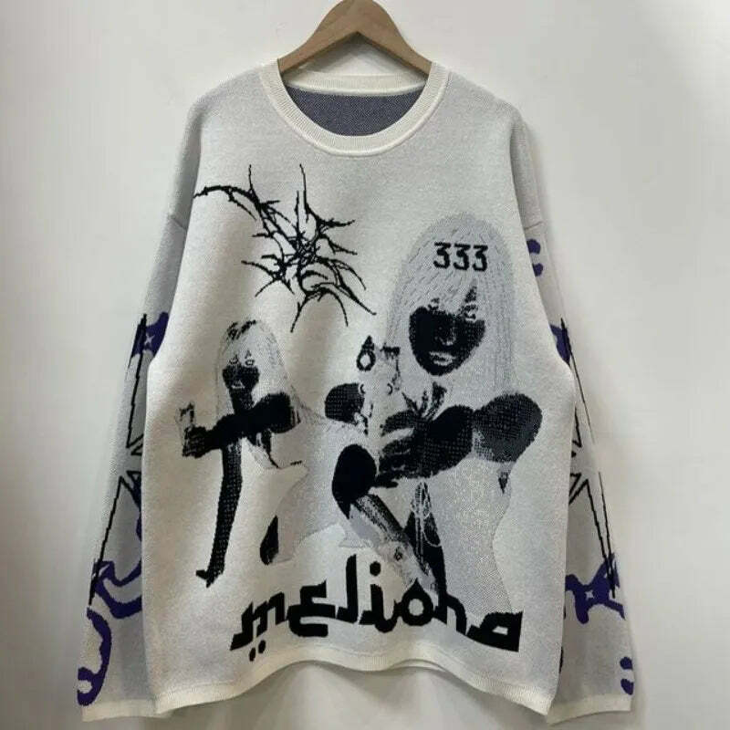 Kumikumi-suéter de manga larga con estampado de grafiti de letras americanas, suéter holgado informal versátil para parejas, principios de primavera, 2024