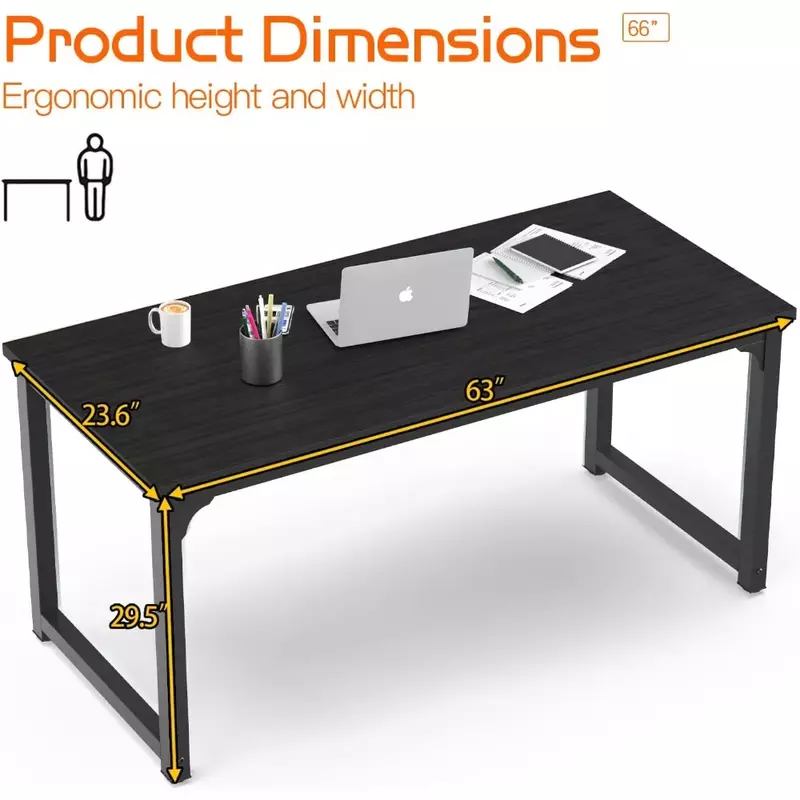 63-calowe biurko komputerowe, nowoczesny styl minimalistyczny biurko, szeroka stacja robocza, drewniany pulpit o grubości 1 cala i czarna metalowa rama, czarny