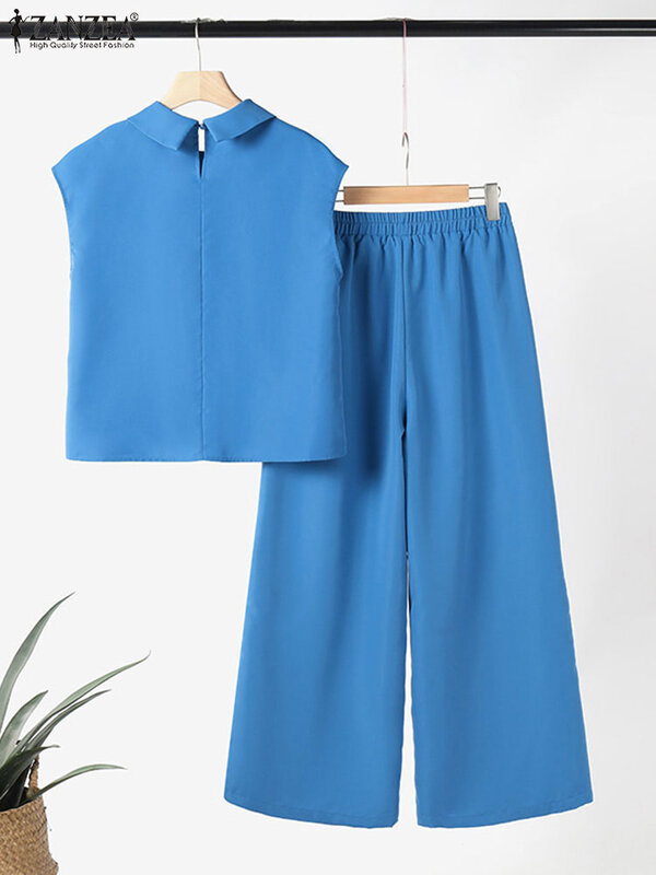 ZANZEA-calças e calças largas casuais para mulheres, tops bordados, roupas de treino de férias, roupas urbanas de 2 peças, moda verão, 2021