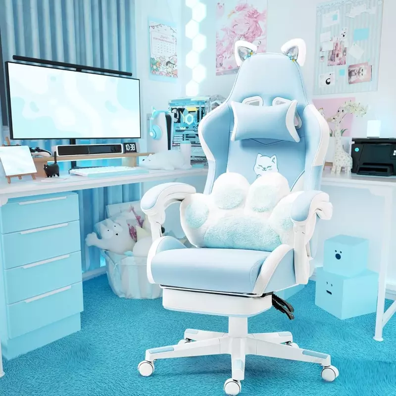 Kursi Gaming lucu dengan bantalan Lumbar kaki kucing, kursi komputer ergonomis remaja dengan sandaran kaki Gamer