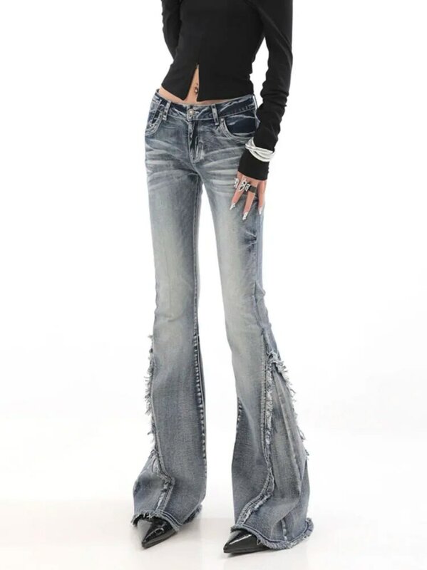 Wysokiej jakości amerykańska moda Vintage ubrania nieobszyte brzegi dżinsy dzwony dla kobiet patchworkowe jesienne niskie spodnie sprane dżinsy Y2k