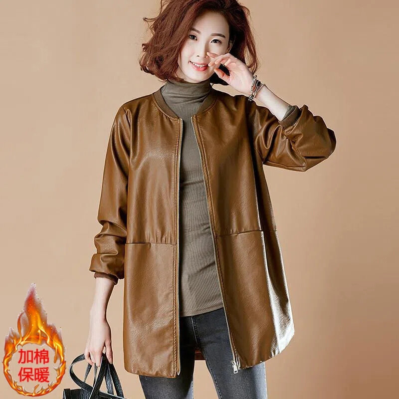 여성용 미드 롱 가죽 코트, 루즈 매치 슬리밍 PU 야구 재킷, 가죽 탑 타이드, 한국 버전, 2024 용수철 및 가을