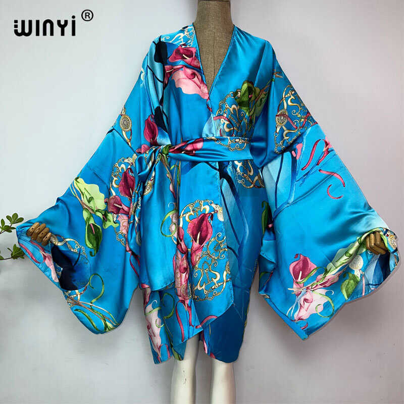 WINYI-quimono com cinto próprio para mulheres, coberturas de biquíni, roupas domésticas, vestidos de férias, roupas de praia, roupas de verão