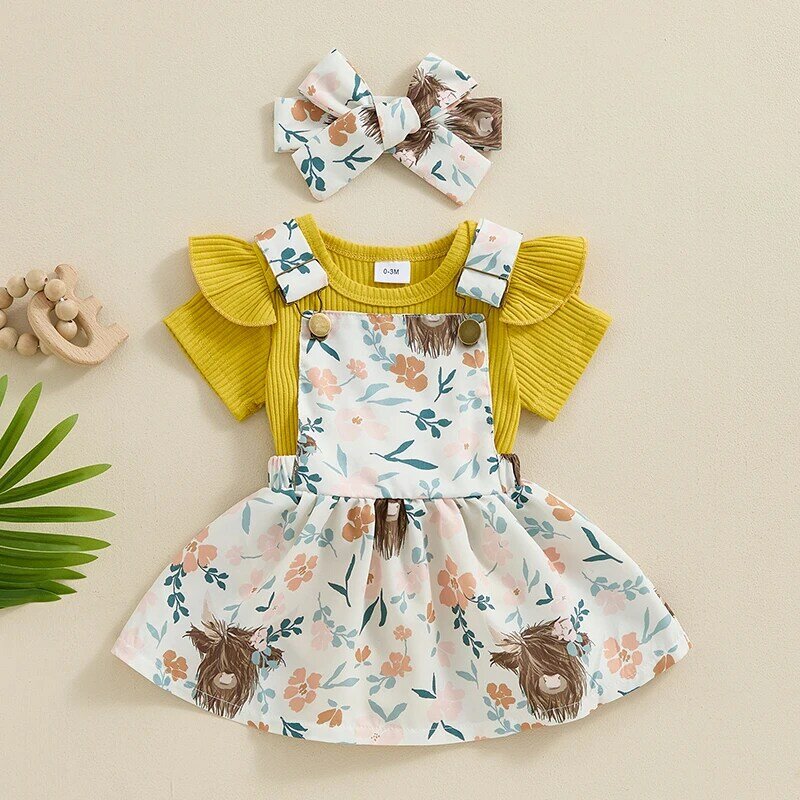 Toddler Baby Girl Summer Outfits Solid Color Ribbed Knit Rompers Chicken Print Suspender Skirts Headband 3Pcs Clothes Set
