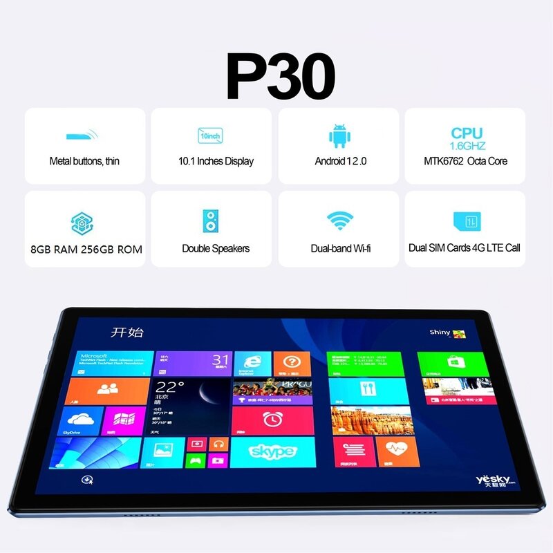 P30-Tablette Android 12 de 10.1 pouces, octa-core, 8 Go de RAM, 256 Go de ROM, réseau 4G, Google Play, Bluetooth, WiFi