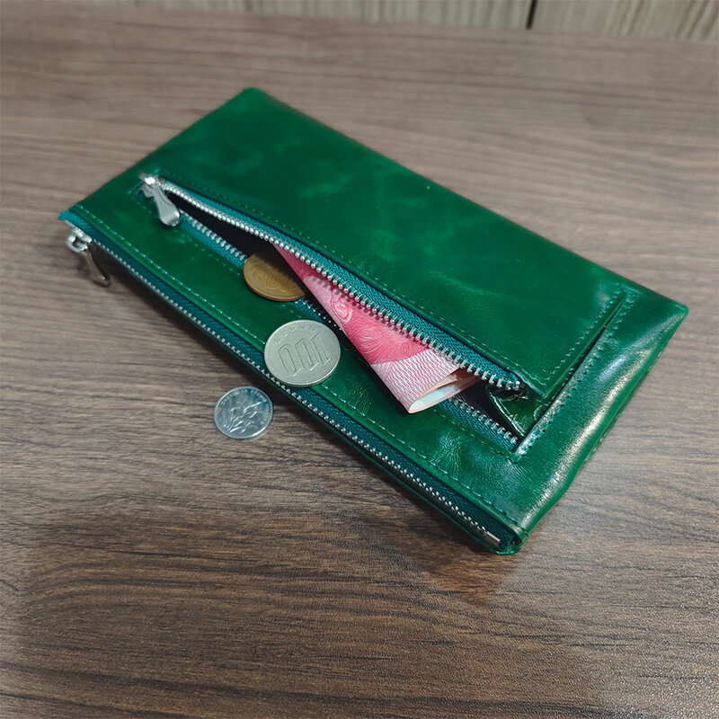Retro Waxed Genuine Cow Leather Bil-fold Long Wallet Women Solid Color Back Zipper Pocket Clutch Purse Card Holders Money Bag