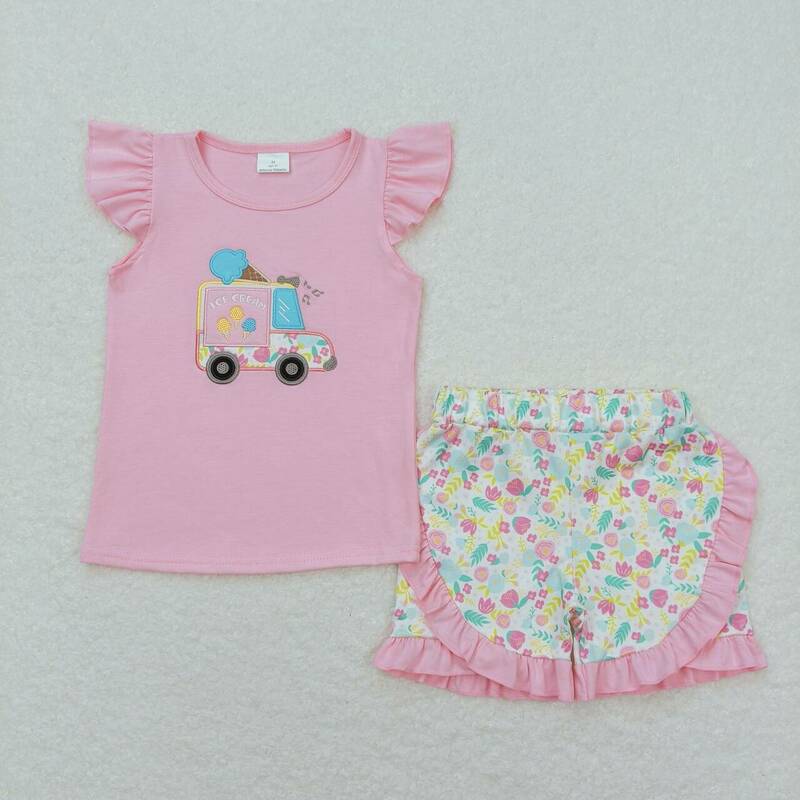 子供用半袖の魅惑的な服,ピンクのコットンチュニックショーツとフリルショーツのセット,幼児用の幼児服,卸売,夏