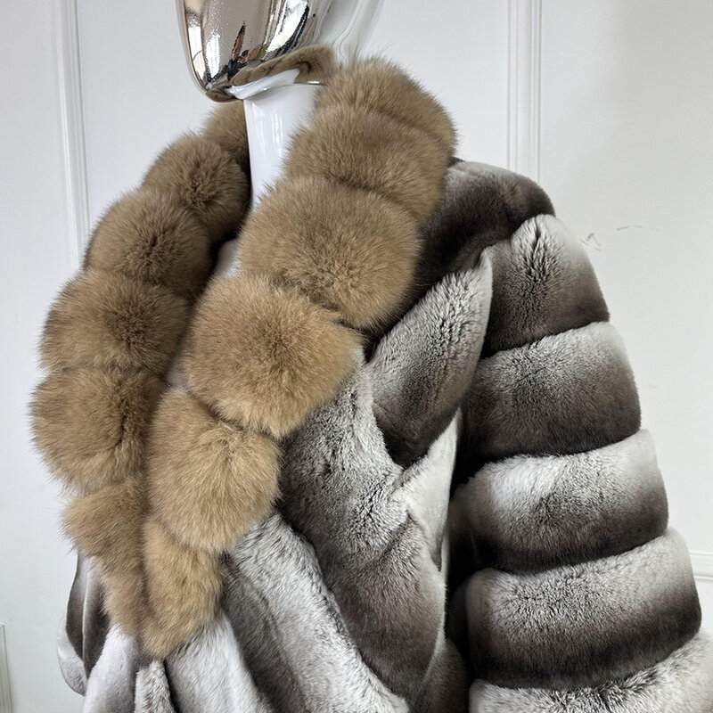 Płaszcz z prawdziwego futra królika Rex szynszyla futro naturalne futro z lisa kołnierz najlepiej sprzedająca się kurtka zimowa damska prawdziwe futra