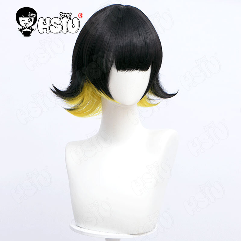Peruca de fibra sintética-bachira meuru, peruca cosplay anime, camada preta, cor amarela mista, cabelo curto + peruca