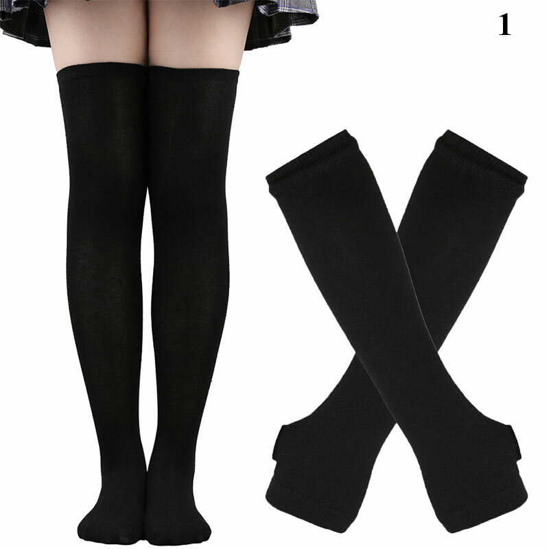 1 conjunto feminino sobre o joelho listra impresso collants altas meias longas algodão meias góticas luvas harajuku estilo hosiery & braço manga