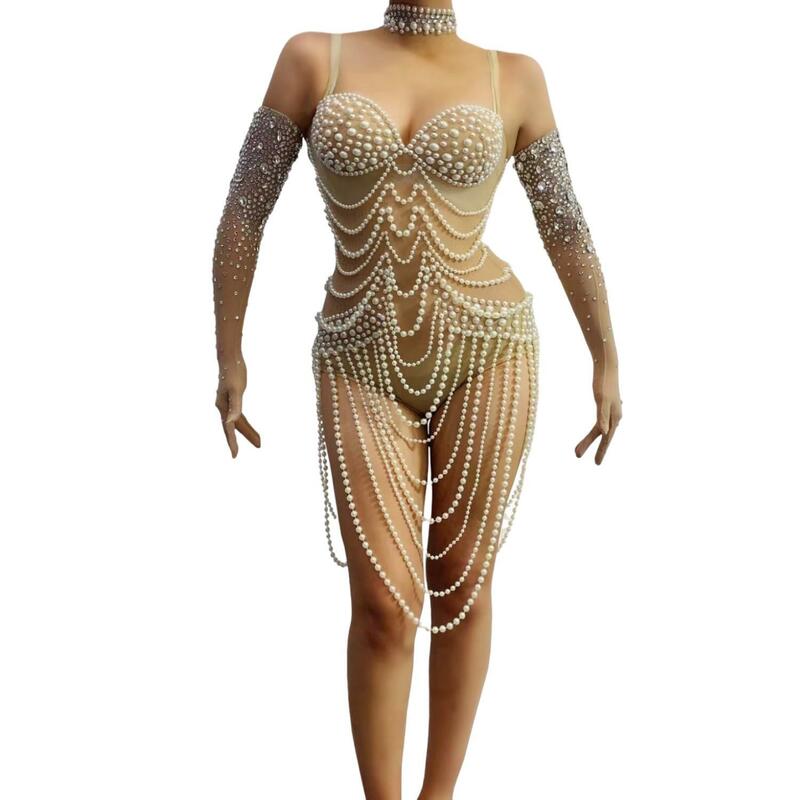 Bodysuit sexy ver através das pérolas, vestidos de aniversário com luvas, menina negra, vestido de baile, palco de moda luxo, 2024