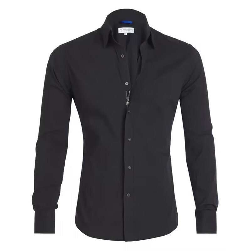 Camisa casual de manga longa masculina, tops finos de algodão, camisa com zíper, cor sólida, alta qualidade, nova