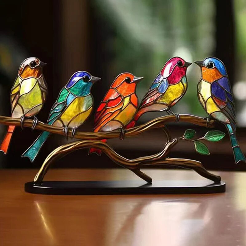 طيور أكريليك ملطخة على فرع زخارف سطح المكتب ، تمثال حرفي على الطراز متعدد الألوان ، زخارف على الوجهين