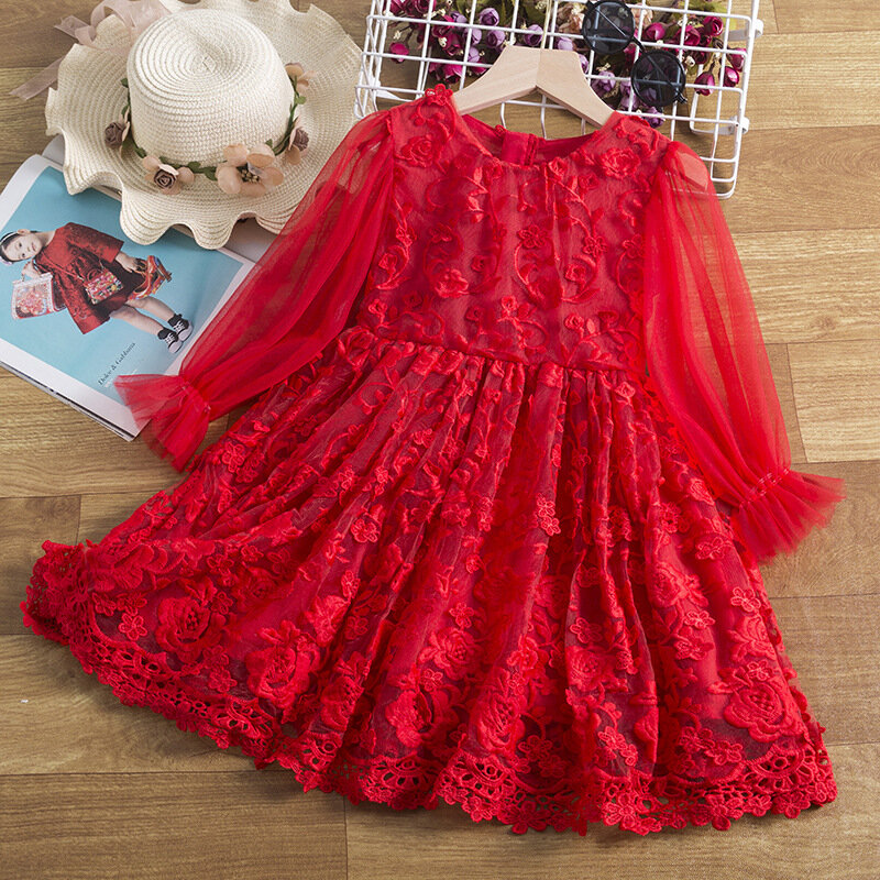 女の子の長袖花柄刺繍ドレス、子供服