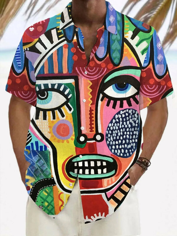 Camisa havaiana masculina estampada em 3D, botão colorido, manga curta, camiseta de verão, moda, férias de praia, camisa diária