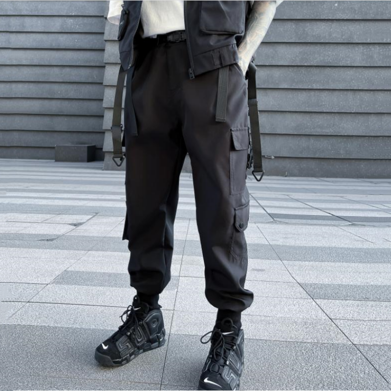 Calças de carga de bolso multi-bolso masculino com fita techwear, calças táticas algemadas na rua alta, Y2K, outono 2022