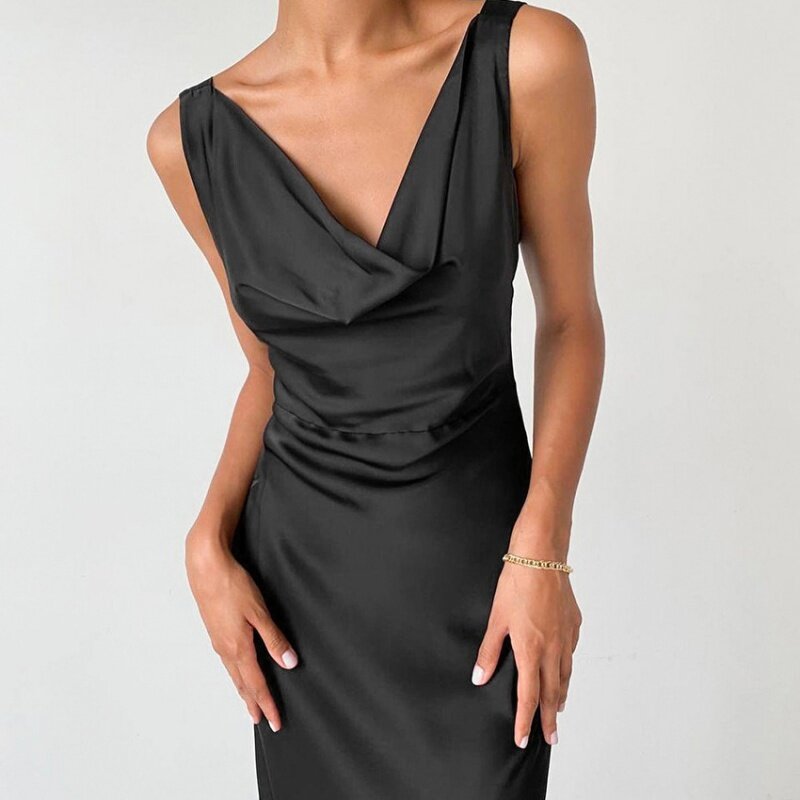 Vestito estivo nuovo vestito di seta del ghiaccio elegante vestito nero piccolo vestito interno abbinato vestito Sexy senza schienale Yy18